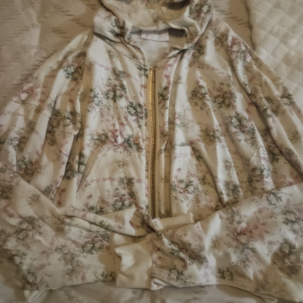 Selkie Cream Floral Zip Hoodie with Pink Blossoms